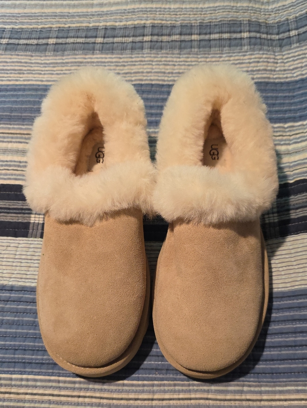 NEW UGG Women's Suede Shearling Clog Slippers in Chestnut Tan Suede.